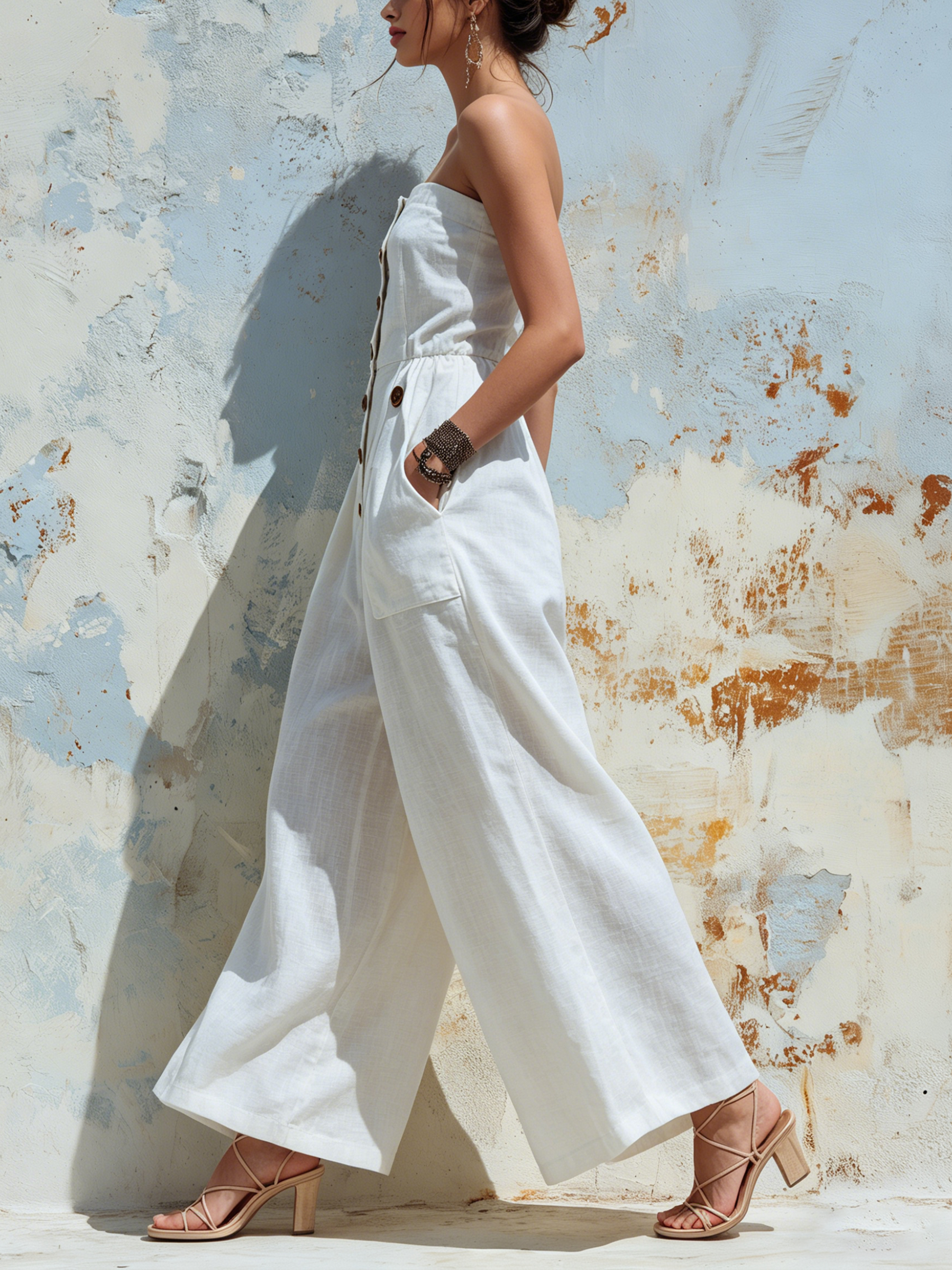 Button-Detail Strapless Wide-Leg Linen Jumpsuit with Pockets