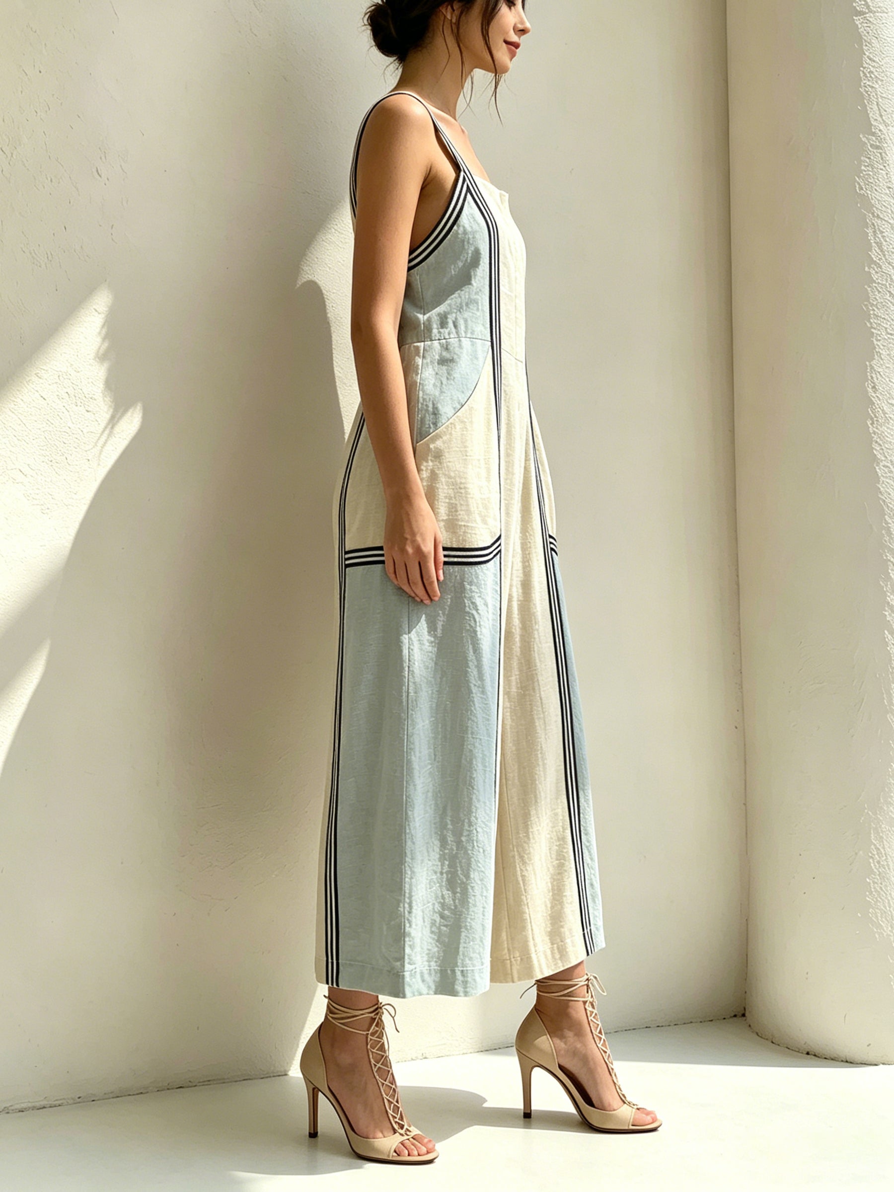 Colorblock Wide-Leg Jumpsuit with Contrasting Straps – Stylish Minimalist Summer Romper