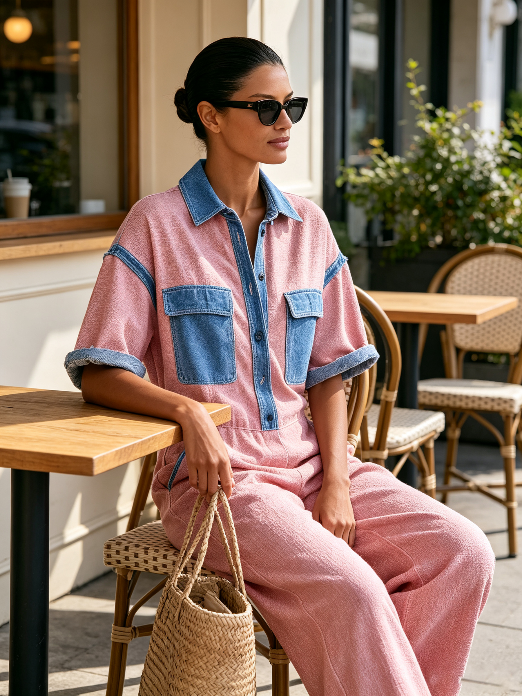 Color Block Pink Linen Cotton Short Sleeve Wide Leg Jumpsuit with Denim Trim