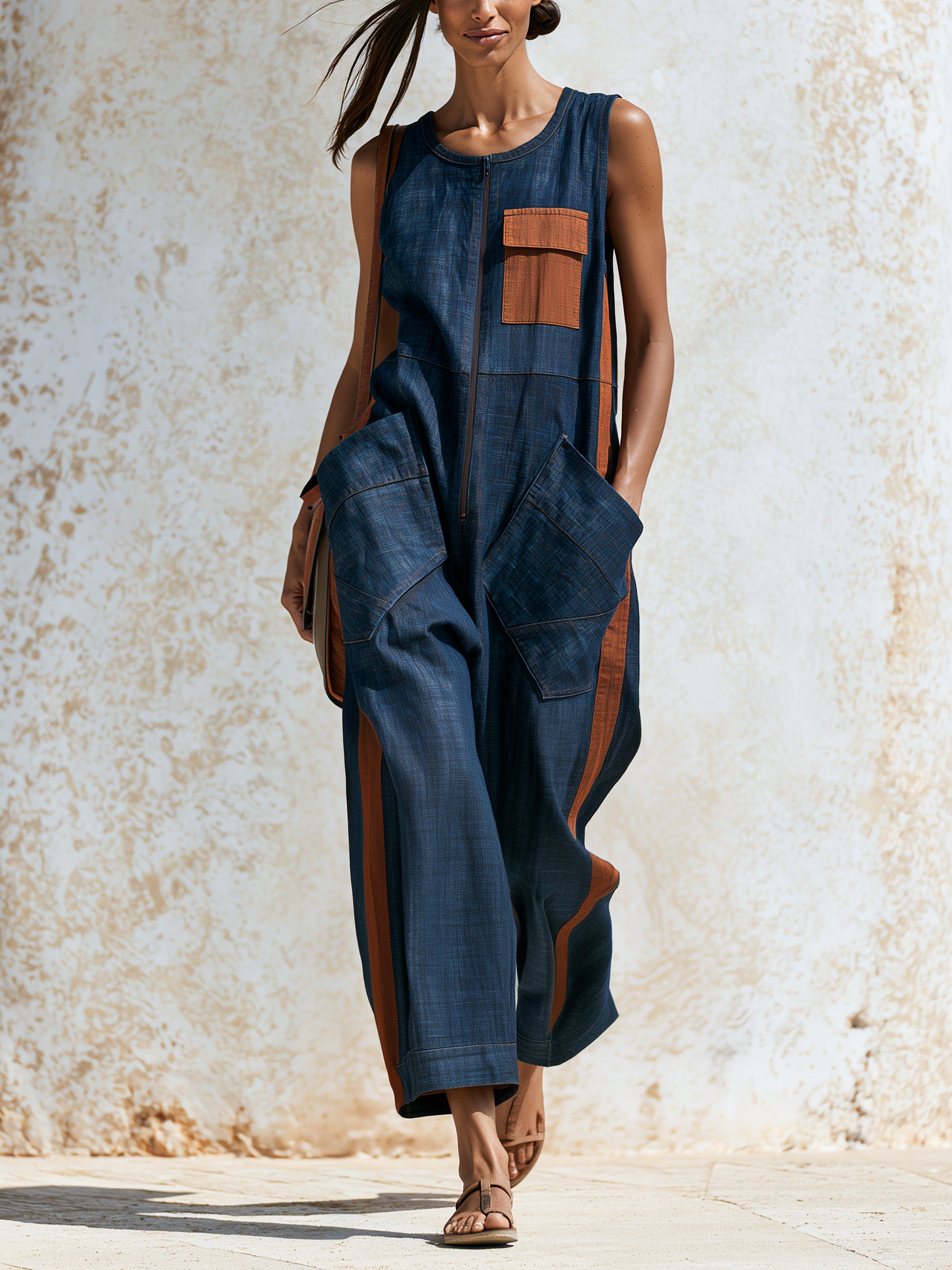 Women's Wide Leg Utility Denim Jumpsuit – Sleeveless Romper with Contrast Pocket Accents