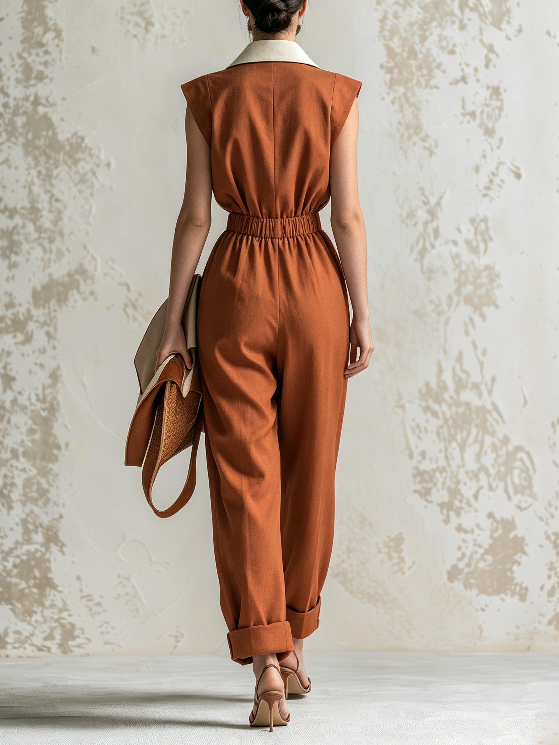 Elegant Women's Color Block Sleeveless Jumpsuit – Collared Wide Leg Utility Romper with Cinched Waist