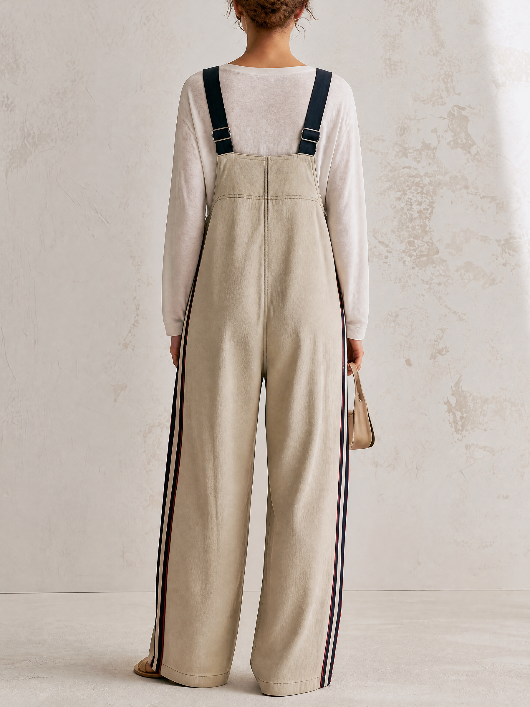 Beige Wide Leg Overall Jumpsuit with Side Stripe and Contrast Straps (Top Not Included)