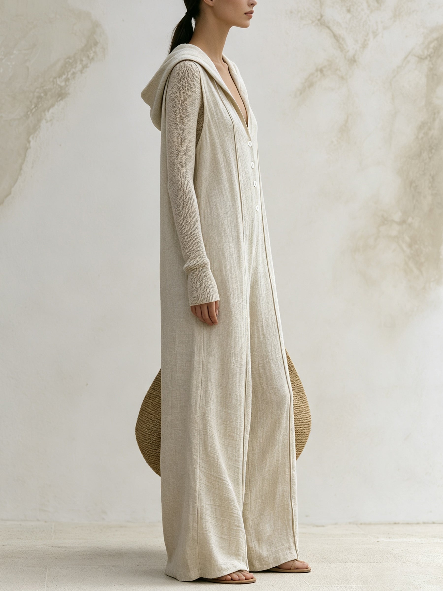 Casual Wide-Leg Hooded Jumpsuit in Minimalist Linen Blend | Relaxed Fit Romper
