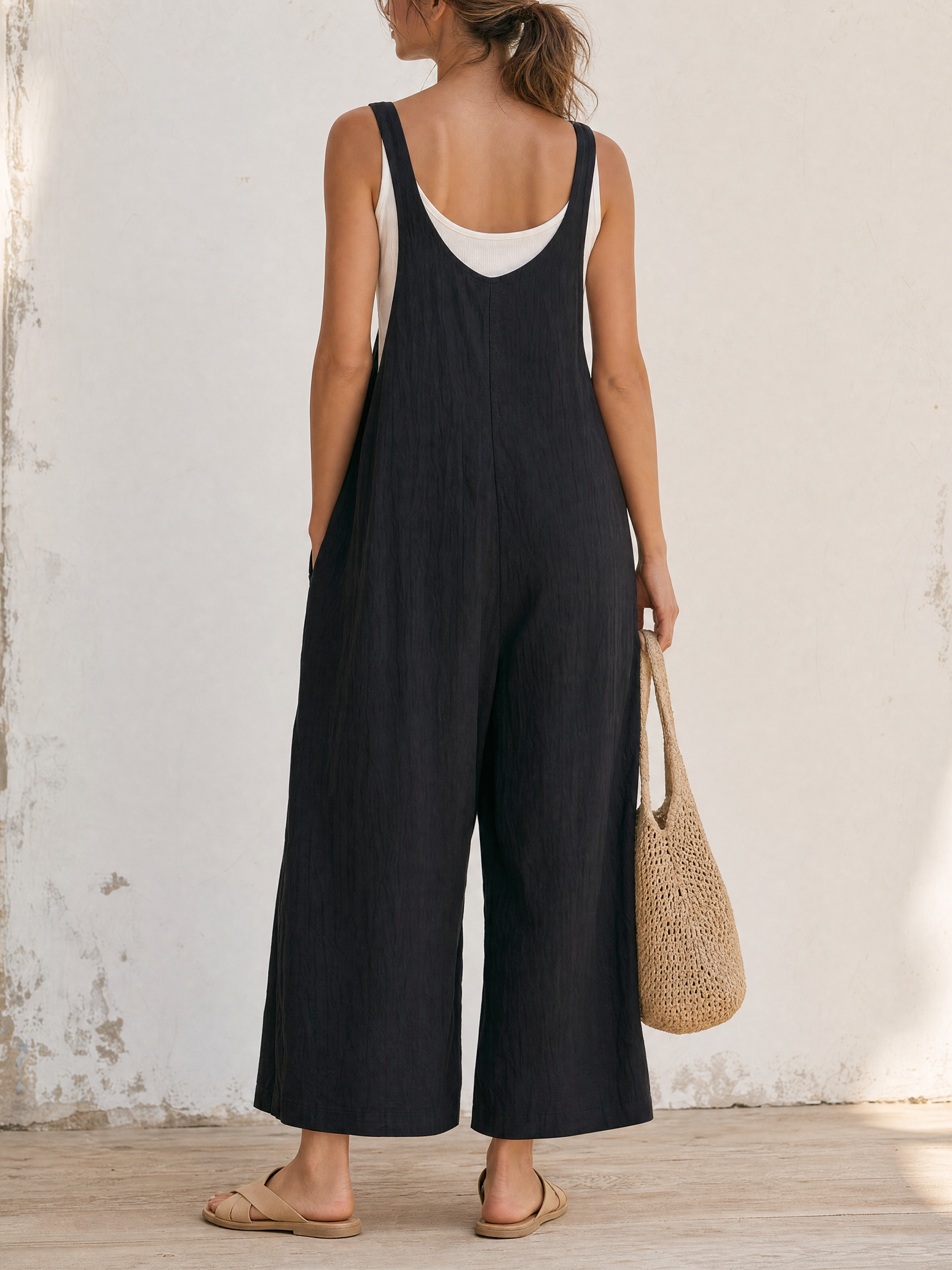 Black Washed Linen U-Neck Sling Overall Jumpsuit with Loose Wide Leg Cropped Design and Multi Cargo Pockets for Casual Vacations