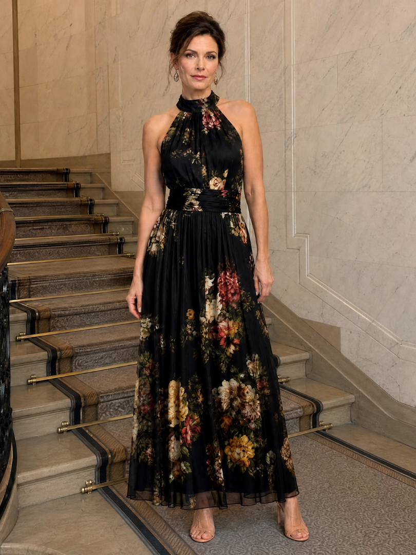 Sior | Floral Print Halter Neck Midi Dress
