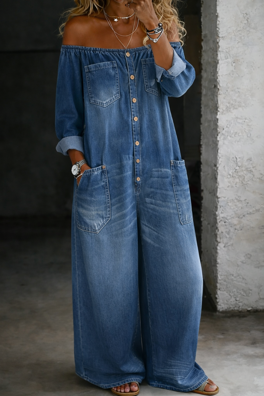 Elena | Off-Shoulder Denim Jumpsuits