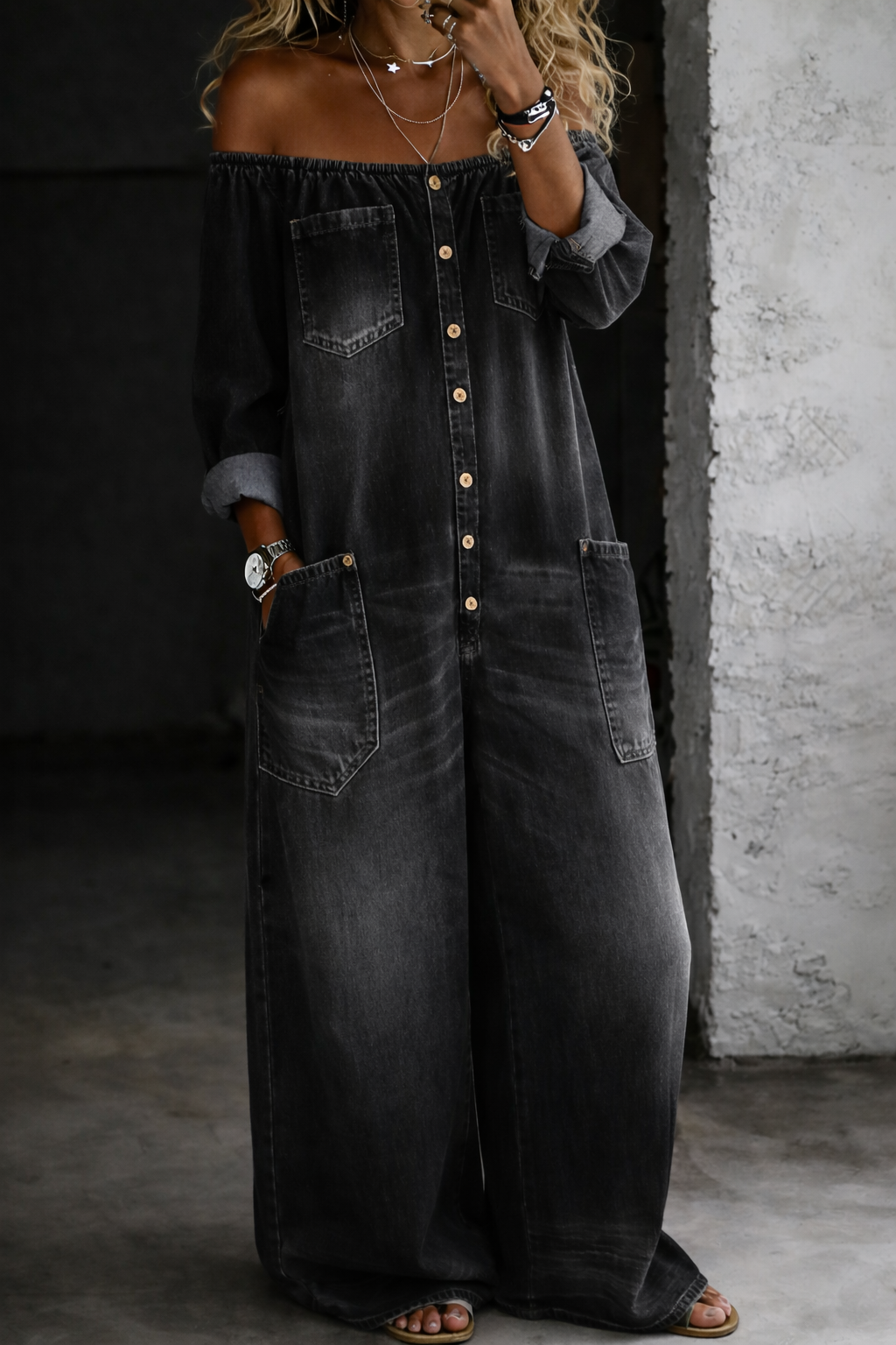 Elena | Off-Shoulder Denim Jumpsuits