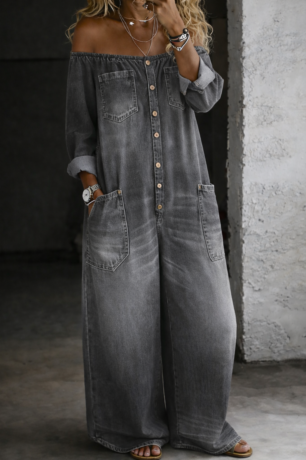 Elena | Off-Shoulder Denim Jumpsuits