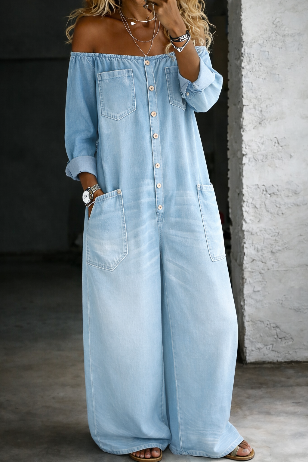 Elena | Off-Shoulder Denim Jumpsuits
