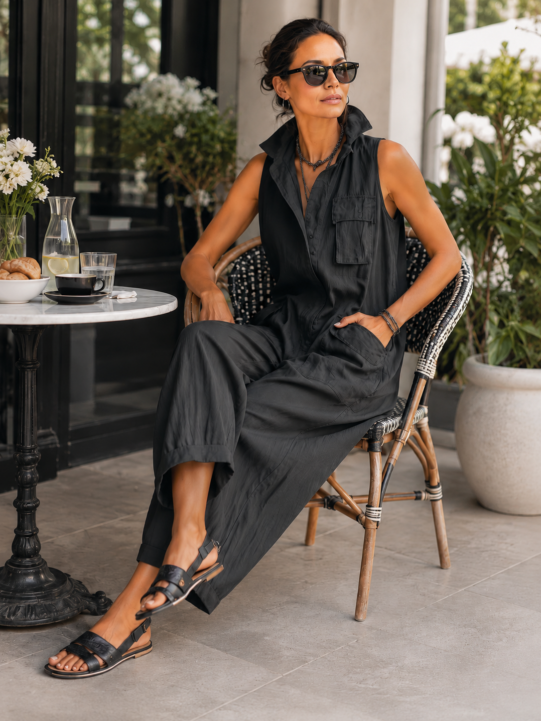Black Sleeveless Utility Jumpsuit with Wide Legs
