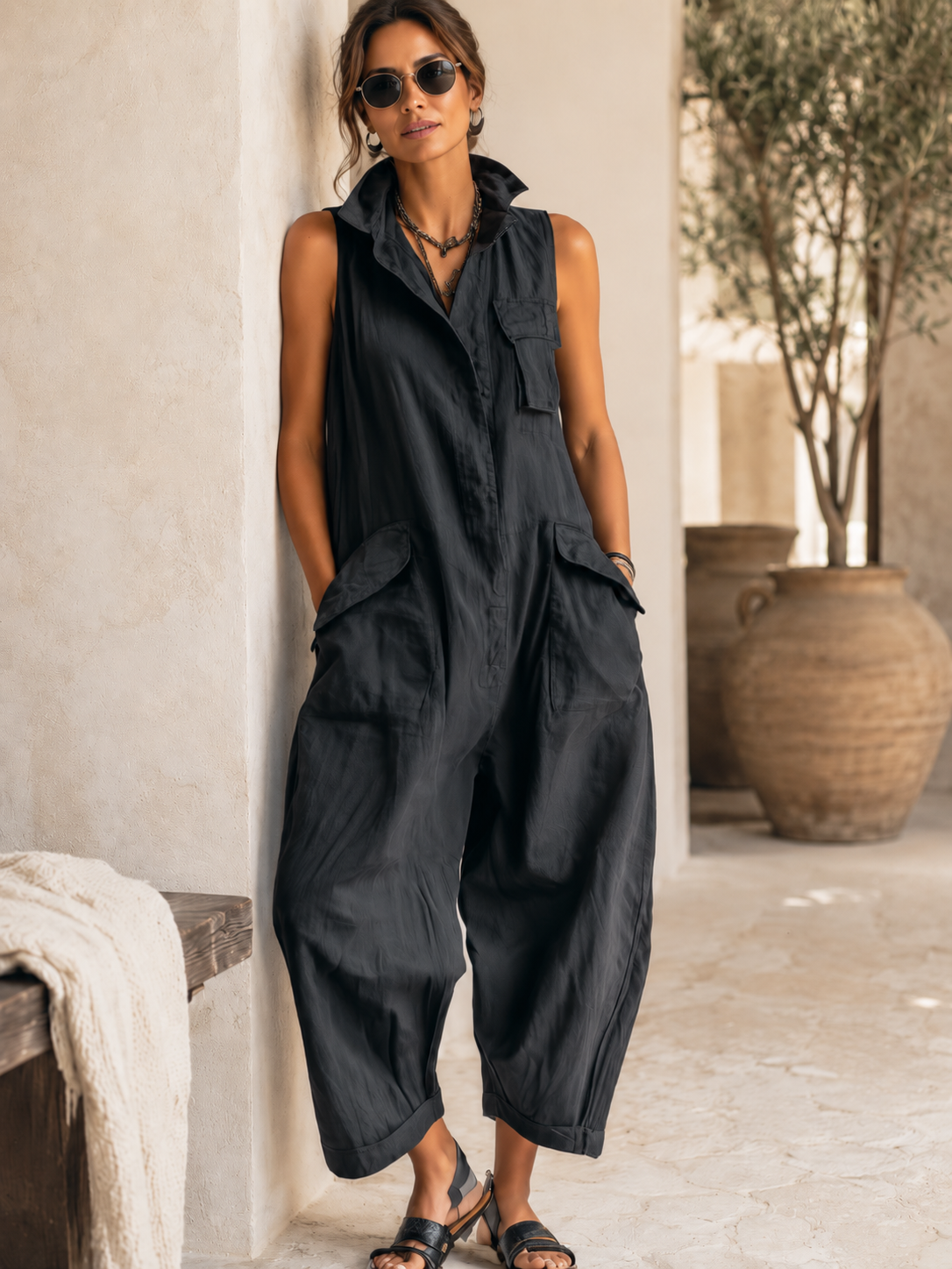 Black Sleeveless Utility Jumpsuit with Wide Legs