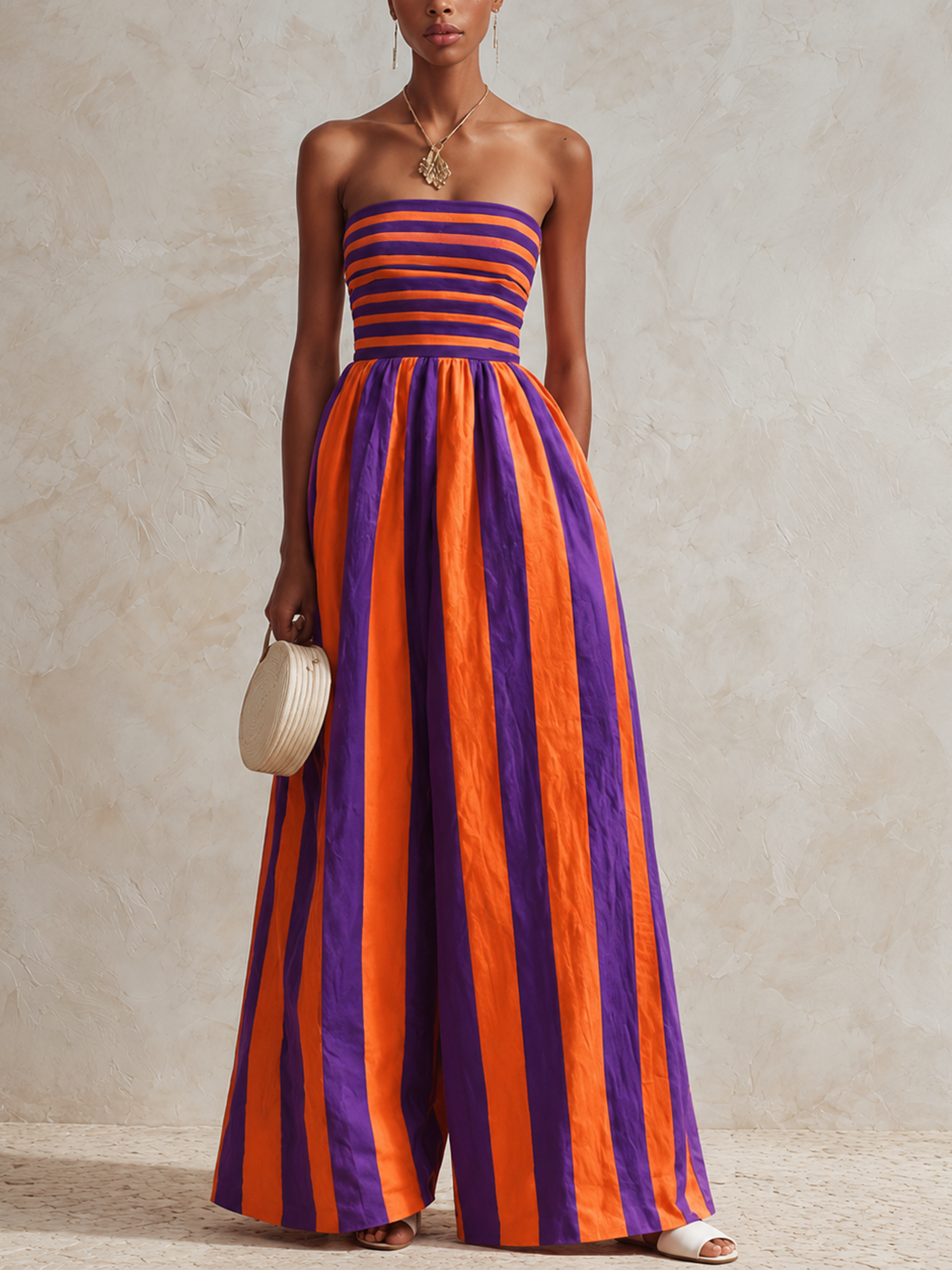 Striped Strapless Top in Red & White Paired with Blue & White Wide-Leg Jumpsuit
