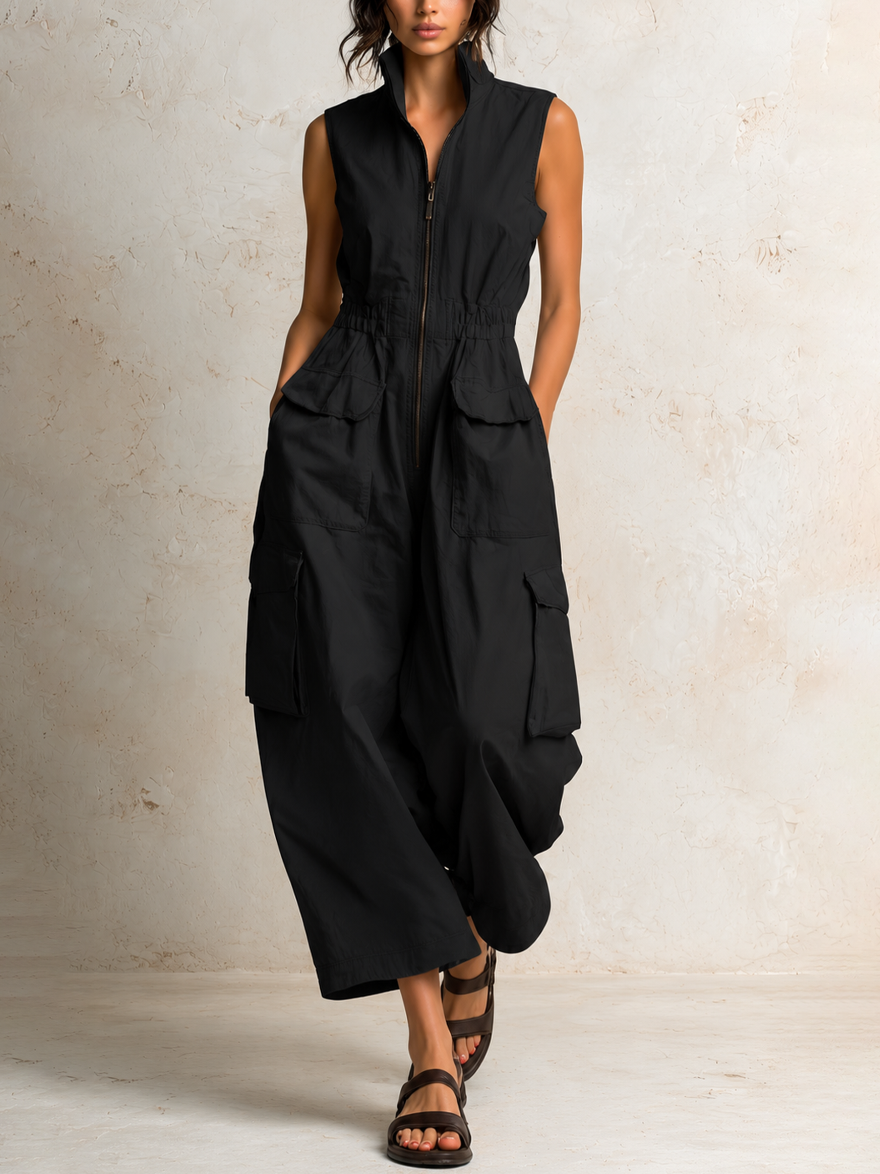 Beige Cotton Twill Sleeveless Utility Jumpsuit with Cargo Pockets